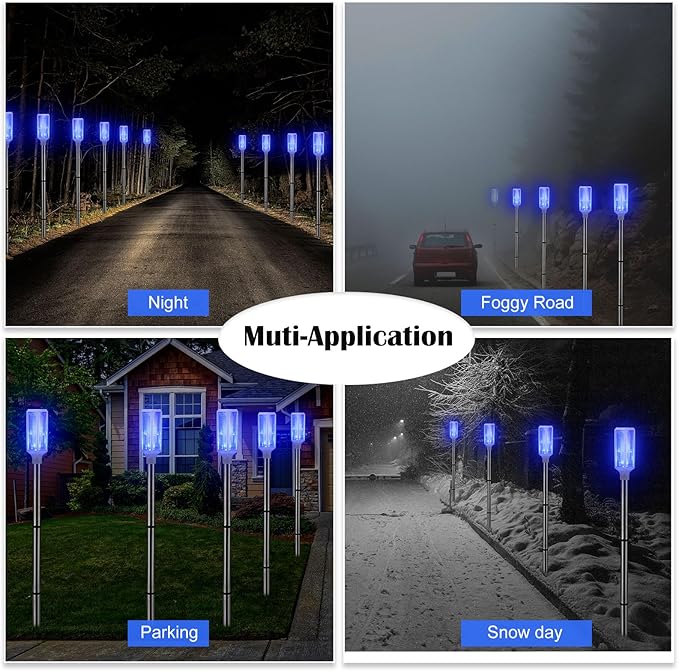 Macarrie 4 Pcs Solar Powered Driveway Markers Reflective Lights Driveway Reflectors on Poles for Snow Road Outdoor Yard Entrance (Blue)