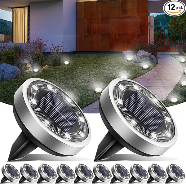 Solar Ground Lights,12 Pack Flat Solar Lights Outdoor Waterproof, Bright LED Solar Disc Lights, 6000K Cool White | Lumora