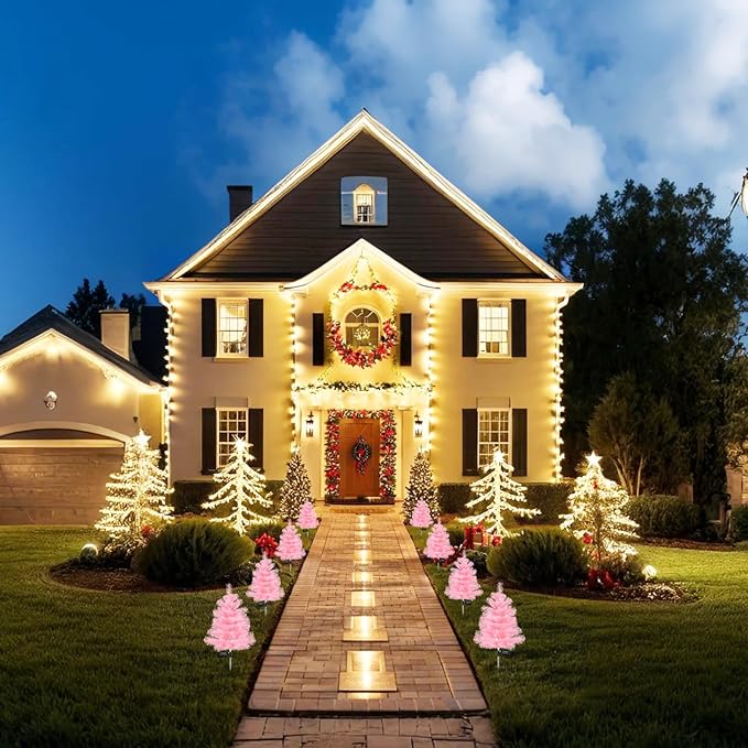 Solar Christmas Tree Stake Lights - Waterproof Xmas Tree & Pathway Lights (Pink, 2pcs)