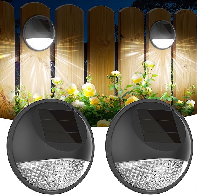 JJX Solar Fence Lights 2 Pack, Solar Deck Lights Outdoor Waterproof Stair Outdoor Step Light for Outside, Deck, Patio, Pathway and Yard, Warm White