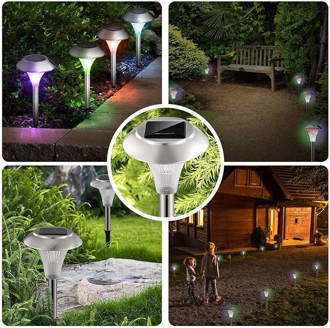 Solar Outdoor Lights, 4 Pack LED Garden Lights Outdoor Waterproof, Color Changing Solar Walkway Lights Maintain 10 Hours of Lighting for Your Garden, Landscape, Path, Yard, Patio, Driveway