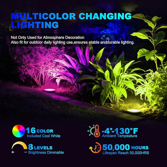 8Pack RGB Low Voltage Landscape Lighting 3W LED 12V Outdoor Inground Lights Waterproof Well Lights with Connectors Color Changing Pahtway Light for Garden Yard Patio(RGB+W)