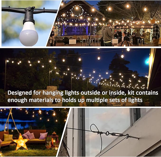 String Light Hanging Kit Outdoor, Full Black Globe String Lights Suspension Kit w/ 50FT PVC Coated Steel Cable & | Lumora