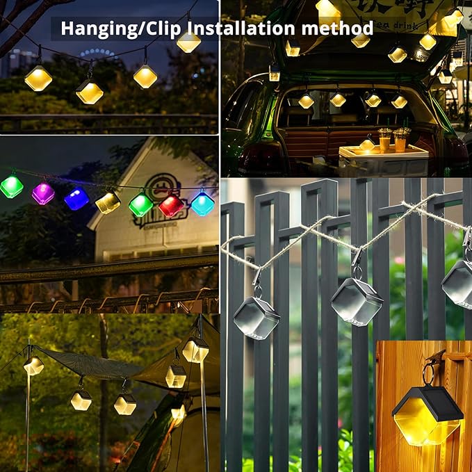 Hanging Solar Lights Landscape Path Lights Outdoor Waterproof Ice Block Lantern with Ring Clip Wall mounted DIY String Light Christmas Decor Tree Yard Garden Patio Fence (1 pack warm white & RGB)