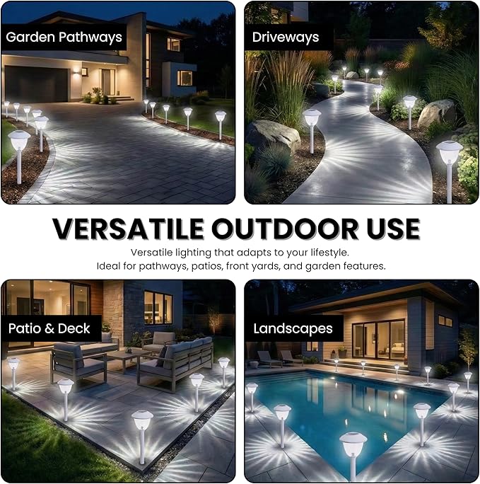 Energizer Solar LED Lights Outdoor - 8 Pack 15 Lumen Patio Lights Solar Powered & Waterproof with Patterned Glass & Metal Finish, Easy Installation Landscaping Lights for Lawn Decoration - White