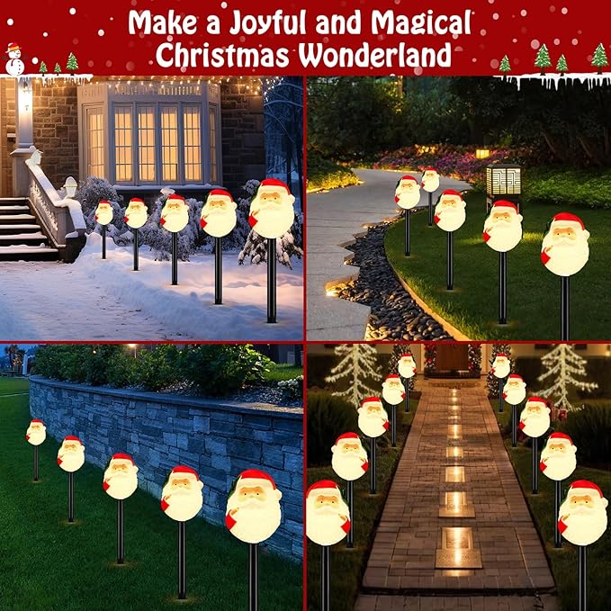 Lewondr Solar Christmas Pathway Lights, 5 PCS Solar Christmas Decorations Outdoor with 2 Lighting Modes, Santa Claus Lights with Garden Stake, Waterproof Garden Yard Lawn Patio Walkway Holiday Decor