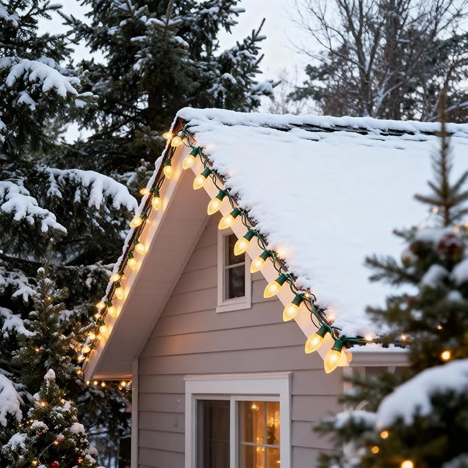 25 FT C9 Frosted Christmas Lights,Warm White Outdoor Light with 26 Bulbs(1 Spare), C9/ E17 Base,Old Fashioned Christmas Lights for Roofline, Yard, Garden, Wedding Decorations