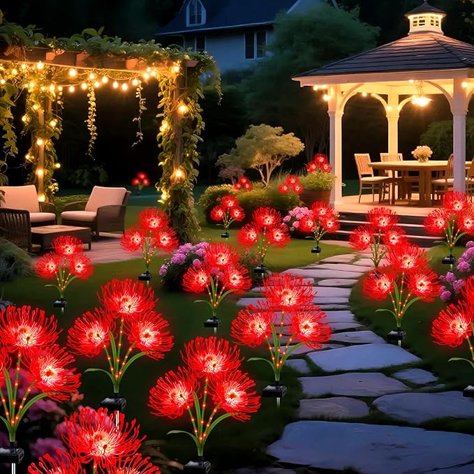 Solar Garden Flower Lights Outdoor, 4 Pack Red Spider Lily with Glowing Stems, Waterproof LED Yard Lawn Pathway Decor, Elegant Patio Garden Decoration, Mother’s Day Gifts for Mom, Grandma, Women