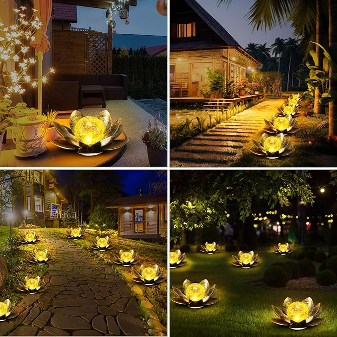 VIHOSE 4 Pcs Lotus Solar Light Outdoor LED Waterproof Art Globe Glass Decoration Outdoor Table Decor Garden Gifts Decorative Crackle Globe Glass Metal Lotus Flower for Patio Lawn(Silver)