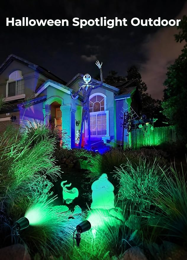 Christmas Spotlights Outdoor, 120V Plug-in Halloween Spot Light, 5000K LED Landscape Lighting with 5 Color Lenses (Red Green Blue Purple Yellow), IP67 Waterproof, 4 Pack