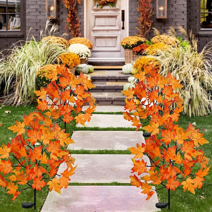 Uieke 2 Pack Solar Fall Lights Outdoor Decorative, 40LED Thanksgiving Lights Fall Solar Stake Lights Outdoor with 8 Modes & Timer, Waterproof Thanksgiving Decorations for Yard Garden