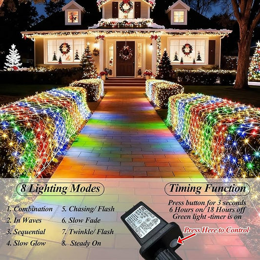 Lovelite 360 LED Net Lights, 21ft x 5ft Colorful Christmas Mesh Lights Clear Wire 8 Modes, Connectable Waterproof String Lights Outdoor for Bushes Tree Garden Holiday Wedding Party - Multicolour