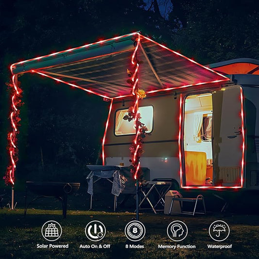Solar Rope Lights, 2 Packs Total 132ft 400LED Solar String Lights, 8 Modes Waterproof Solar Powered Outdoor Light, Flexible Clear Tube Light for Garden Backyard Patio Deck Porch Tree Xmas Decor - Red
