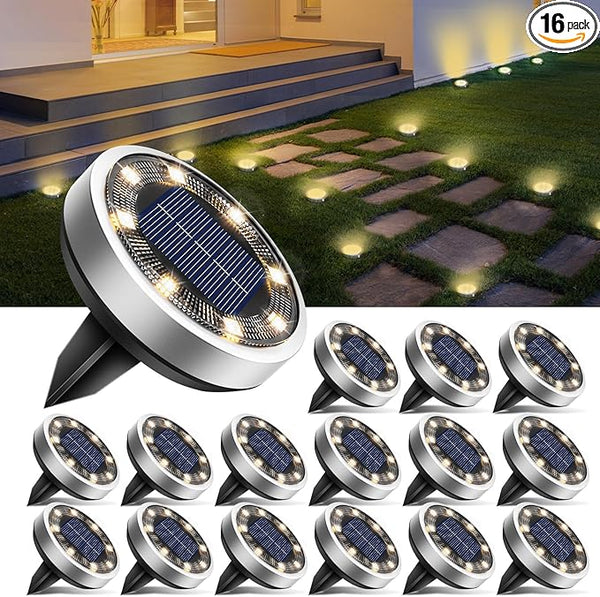 btfarm 16 Pack Solar Lights Outdoor, 8 LED Solar Ground Lights IP65 Waterproof Flat Solar Disc Light, Pathway | Lumora