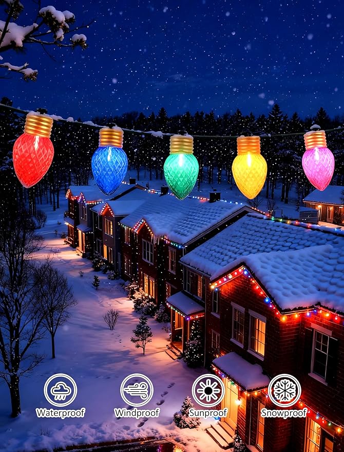 C9 LED Christmas Lights Outdoor Waterproof, 16FT 10 Large Bulb Bright Christmas String Lights, UL Certified Heavy-Duty Diamond Faceted Lights for Roofline, Patio, Yard & Holiday Decor (Multicolor)