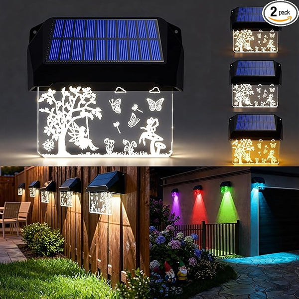 2 Pack Solar Fence Lights - Fairy Butterfly Pattern, Warm White + 10 RGB Colors, IP65 - Outdoor Path Light | Lumora