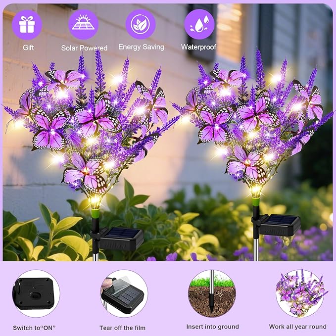 Solar Garden Lights Outdoor 4 Pack Lavender Butterfly Lights, Solar Artificial Flower Outdoor Waterproof Decoration Gardening Gifts for Women, Yard Patio Pathway Lawn Courtyard Decoration