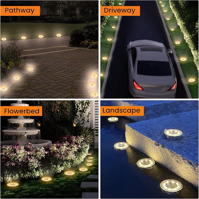 Siatom Stainless Steel Solar Ground Lights 8 Pack, IP68 Waterproof Solar In-Ground Light for Outdoor, Flat | Lumora