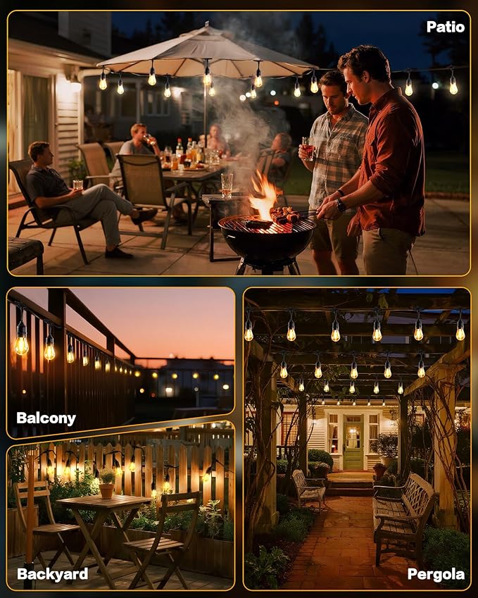 Outdoor String Lights,Super Bright LED - 96FT 30 S14 Bulbs(2 Spare), IP65 Waterproof, Commercial Grade & Shatterproof, Dimmable, UL Listed for Patio, Porch, Backyard, Gazebo (2 Pack 48FT)