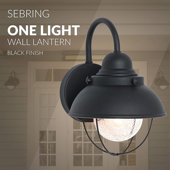Sea Gull Lighting 8870-12 Sebring One-Light Outdoor Wall Lantern with Clear Seeded Glass Diffuser, Black Finish, 11.25'' Height