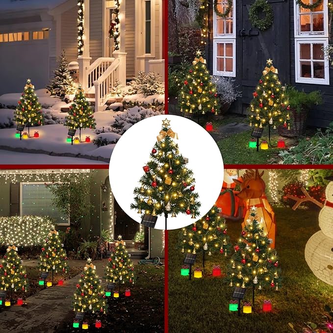 2 Pack Solar Mini Christmas Tree Decorations Lights, 30 Inch 8 Flashing Modes Waterproof Xmas Decor, 60 LED Lights with Ornaments 6 Lighted Gift Boxes for Porch Pathway Yard Garden (Warm White)