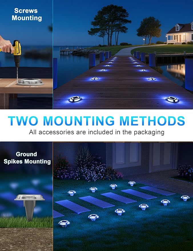 VOLISUN Solar Driveway & Deck Lights 12 Pack Waterproof Dock & Marine Ground Lights,2-in-1 Blue & White LED,Solar Marker for Pathways,Steps,and Warning Signs,Auto On/Off
