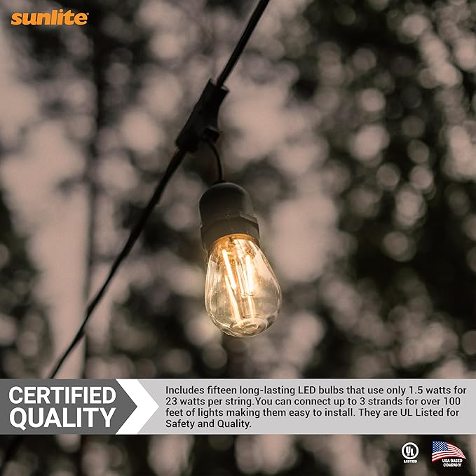 Sunlite 48ft Outdoor String Lights, 1.5W Commercial Grade, Waterproof, Linkable Strands, UL Listed, 15 Hanging | Lumora
