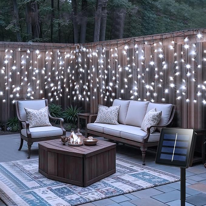 DBFAIRY Solar Curtain Lights,19.6ft x 3.3ft 300 LED Outdoor Christmas Solar Curtain Lights Waterproof Green Wire with 8 Mode for Garden Handrail Railing Eaves Wall Decoration -Cool White