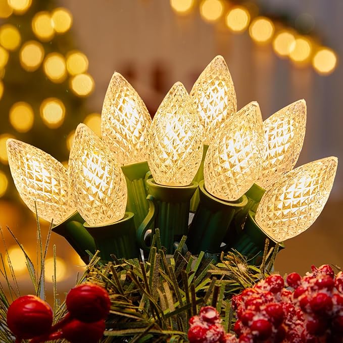 Brightown C7 LED Warm White Christmas Lights Outdoor, 100FT String with 100 Plastic Bulbs, Traditional Hanging Holiday Lights for Christmas Tree, Patio, Fence, Roofline Xmas Decorations