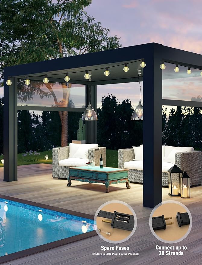 Abeja 50FT Globe Led Outdoor String Lights, Shatterproof Outdoor Patio String Lights with with 25 +2 LED Plastic Clear Bulbs, Hanging Bistro Light Waterproof for Cafรฉ Bistro Pergola Tents-Black Wire