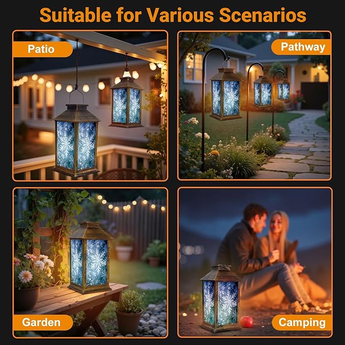 Solar Lantern Outdoor Waterproof Delicate Snowflakes Frosted Winter Garden Decor LED Solar Lights Hanging/Tabletop Lamp Gifts for Women Mom for Outside Yard Patio