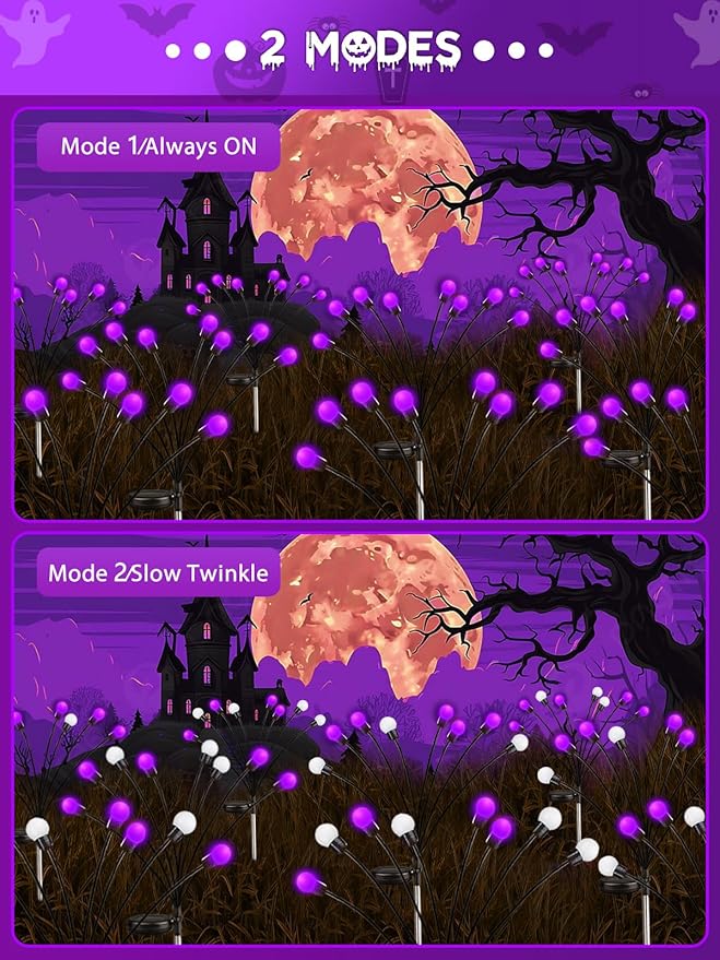Albelt Halloween Decorations Outdoor, 6 Pack Solar Firefly Lights Outdoor, 48 LED Solar Halloween Lights, Waterproof Swaying Garden Light (Sway by Wind) for Outside Yard Pathway Decor (Purple)