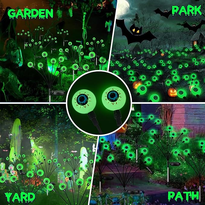 2025 Upgraded 6 Pack Halloween Decorations Outdoor, Green Solar Eyeball Lights, 36 LED Eye Balls Swaying Firefly Light Waterproof (Soft Glowing or Steady on) for Garden Lawn Pathway Grave Yard Decor