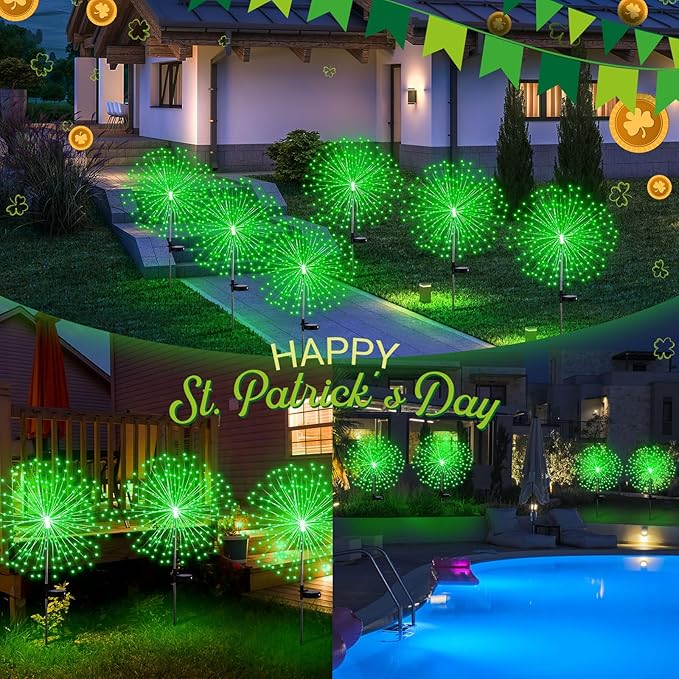 4 Pcs St Patricks Day Solar Lights Solar Firework Lights Decoration 180 LED 8 Modes Waterproof LED Stake Sparkler Decor for Irish Walkway Pathway Driveway Garden Patio Yard Lawn(Green)