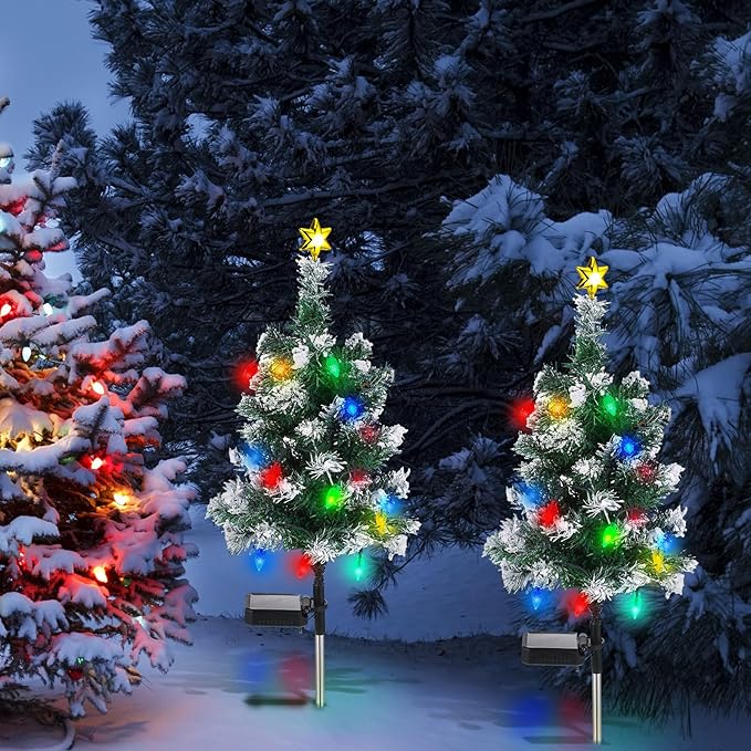 Baquler 2 Pcs Solar Christmas Tree Garden Stake Lights Outdoor Christmas Tree Lighted Yard Decorations Multicolor LED Solar Stakes for Pathway Lawn Patio Xmas Ornament(Strawberry)