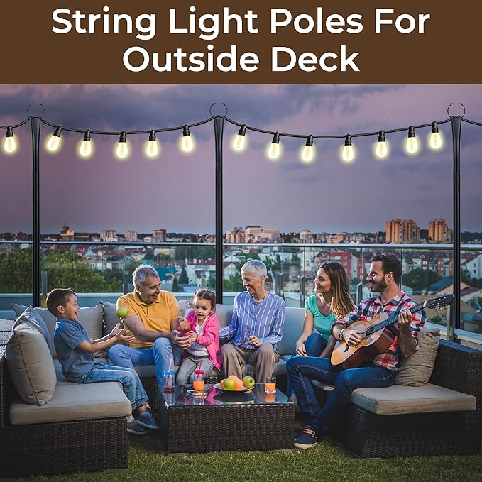10 Ft String Light Poles for Outside, 6 Pack Heavy-Duty Metal Poles for Outdoor Hanging Lights with Fence Brackets | Lumora