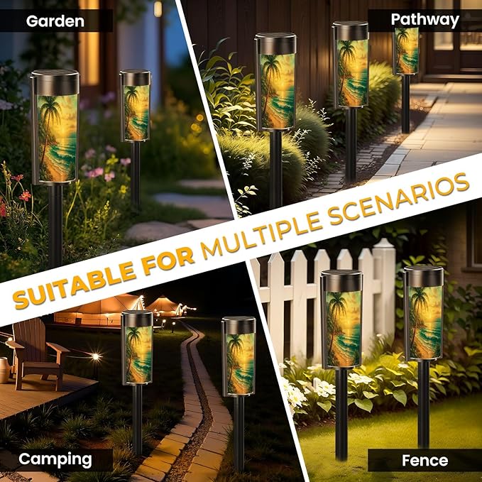 4 Pack Solar Pathway Lights Outdoor Waterproof Seascape Tropical Palm Tree Beach Blue Ocean Sea Wave Scenery Waves Solar Garden Lights LED Landscape Lighting for Yard Walkway Lawn Garden Decor