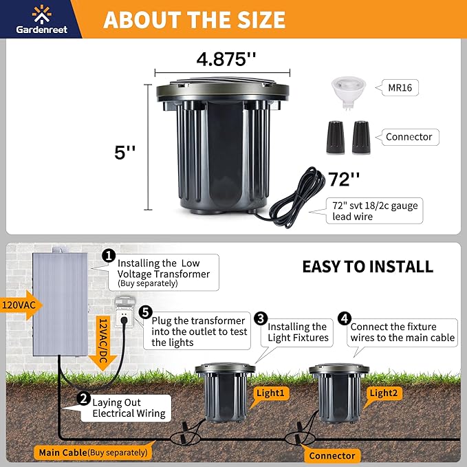 Gardenreet Brass In Ground Lights Kit(6 Pack) with 150W Low Voltage Transformer & MR16 Bulb & 100Feet Wire & | Lumora