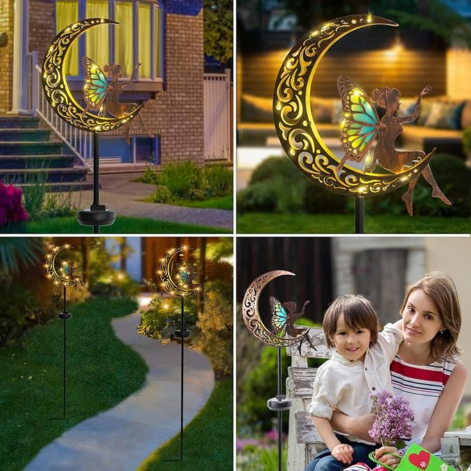 Bshine Moon Solar Light Outdoor Garden Decor,2 Pack Moon Fairy Garden Statue Decor,Metal Waterproof Light Stake for Patio, Path, Yard and Lawn Ornament, Housewarming Gift for Mom