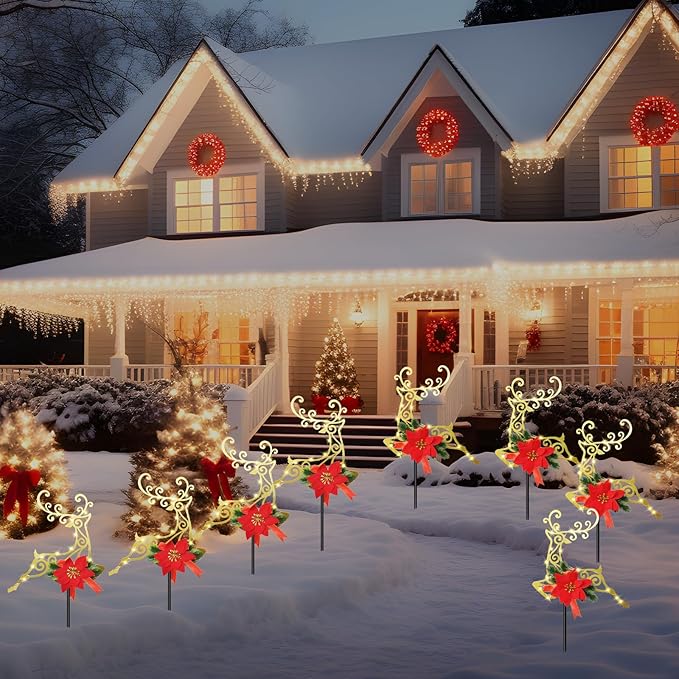 2-Pack Christmas Solar Pathway Lights Outdoor Waterproof, Xmas Metal Reindeer Garden Stake Lights with Poinsettia Decorations for Yard Lawn Walkway Porch Holiday Decor