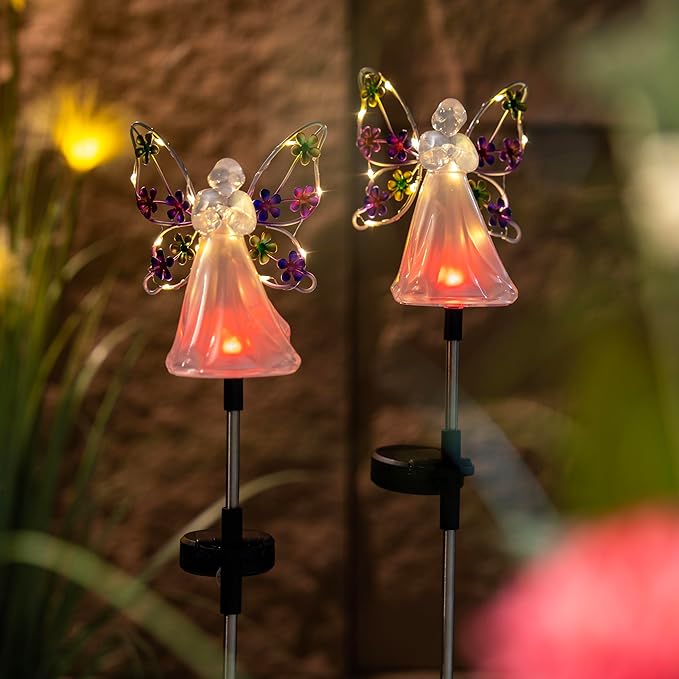 2 Pack Solar Angel Lights, Color Changing & Warm White Dual Glow, Solar Stake Lights with Flower Wings, Waterproof Outdoor Memorial Gifts for Cemetery Grave, Garden Patio Yard Decor for Mom Women