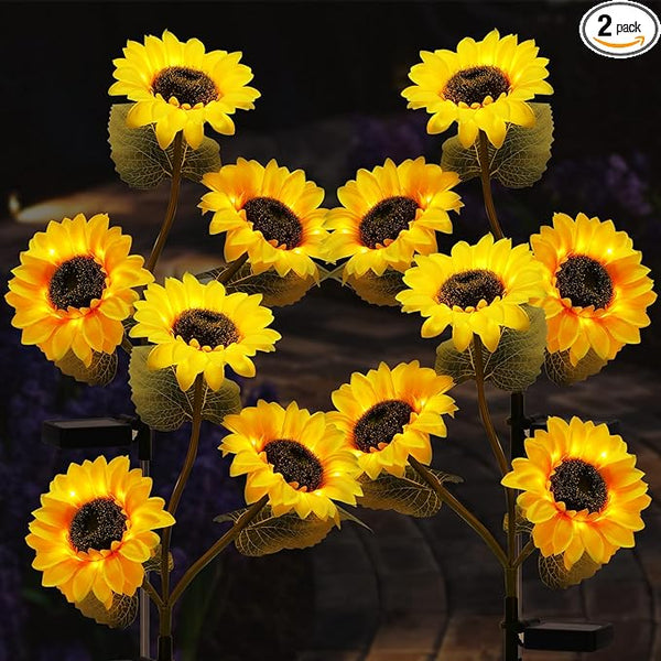 2 Pack Waterproof Solar Sunflower Garden Lights with 3 Stakes, Outdoor Decorative Lighting for Patio & Lawn | Lumora