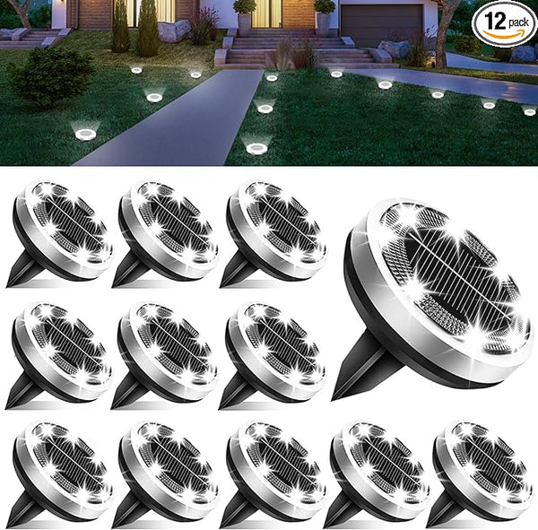 Solar Lights Outdoor Waterproof, 12 Pack 8 LED, Thickened Stainless Steel Ground Light, Solar Garden Lights | Lumora