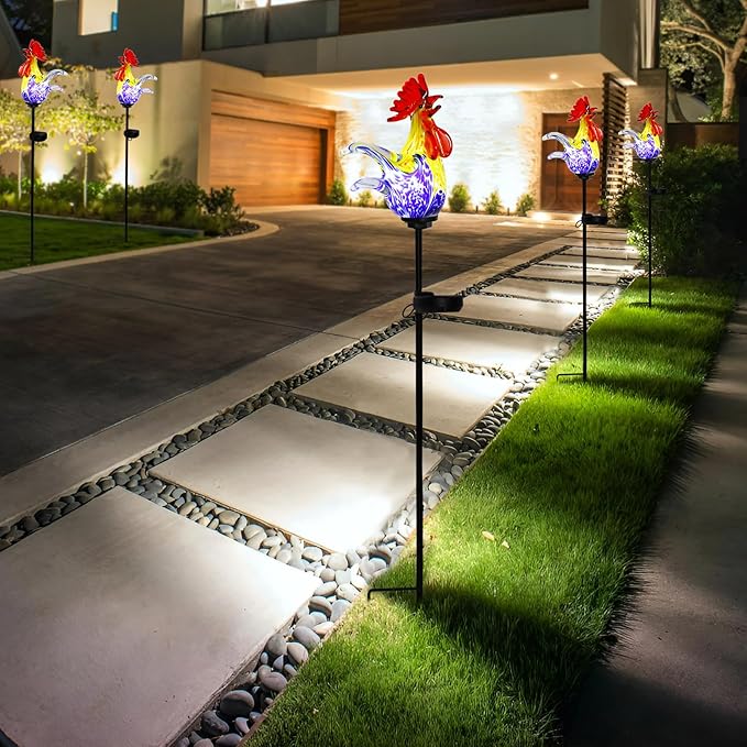 Bshine Solar Garden Decor Outdoor Rooster Light, Hand Blown Glass Waterproof Solar Light Stake Decoration Road, Path, Lawn and Yard Art for Moms, or Chicken Lovers
