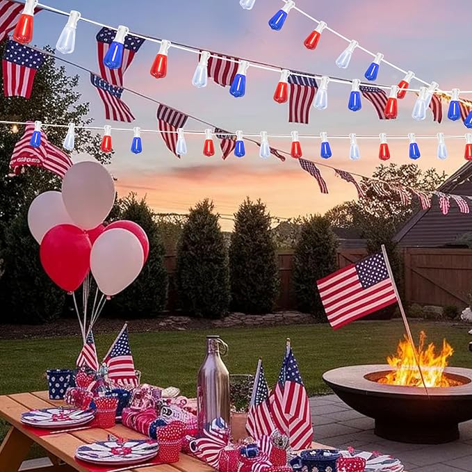 LAMPHOME 4-Pack 26Ft ST38 Outdoor Red White Blue String Lights, Patriotic Patio Light with 12+1 ST38 Edison Bulbs | Lumora
