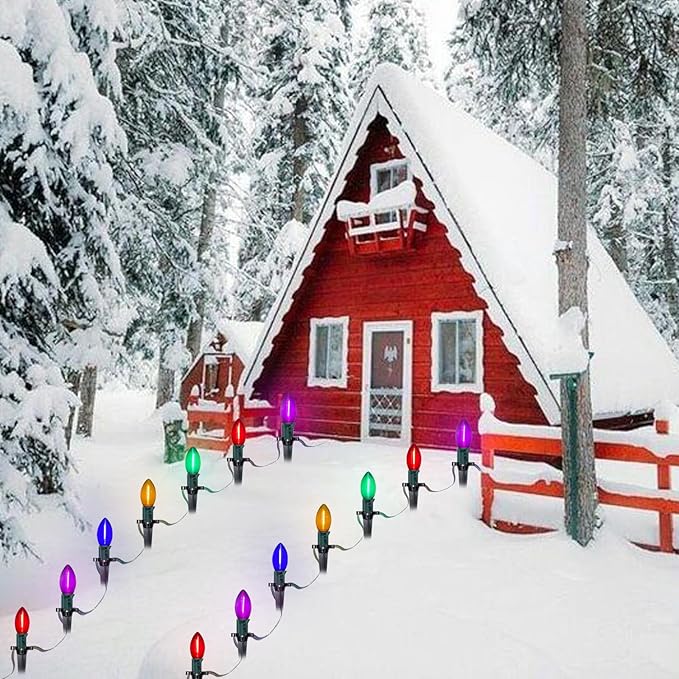C9 LED Christmas Pathway Lights 38 Feet Outdoor String Lights with Marker Stakes, 25 LED Clear Multicolor Connectable Christmas Walkway Markers Lights for Outside Porch Garden Patio Lawn Decor