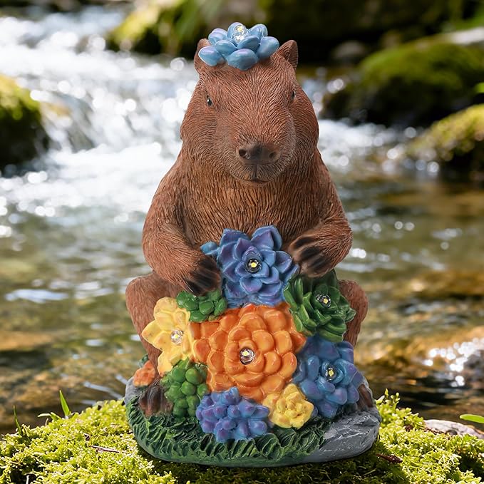 Solar Capybara Statue Outdoor Decor,Capybara Figurines with Flower LED Light,Zen Friend for Patio Pond,Yoga Garden Spaces,Housewarming for Women