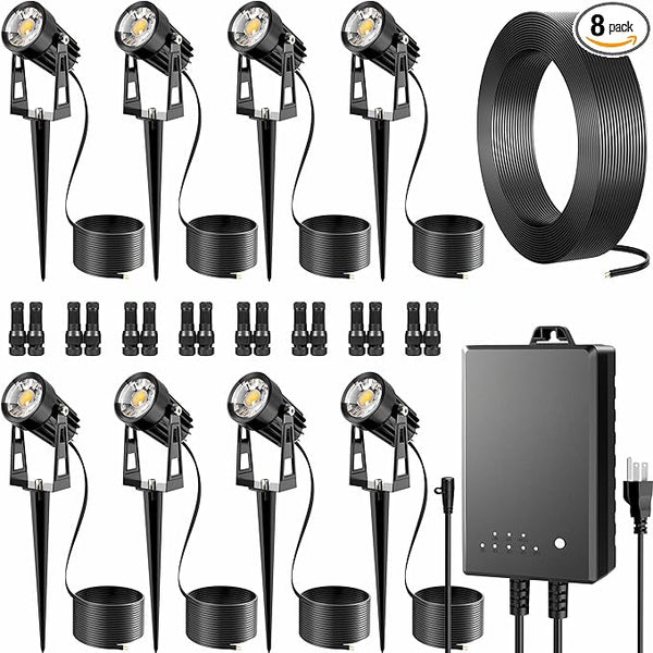 All-in-One Outdoor Low Voltage Landscape Lighting Kit, 8 Pack 3000K Landscape Spot Lights with 60W Transformer 65FT | Lumora