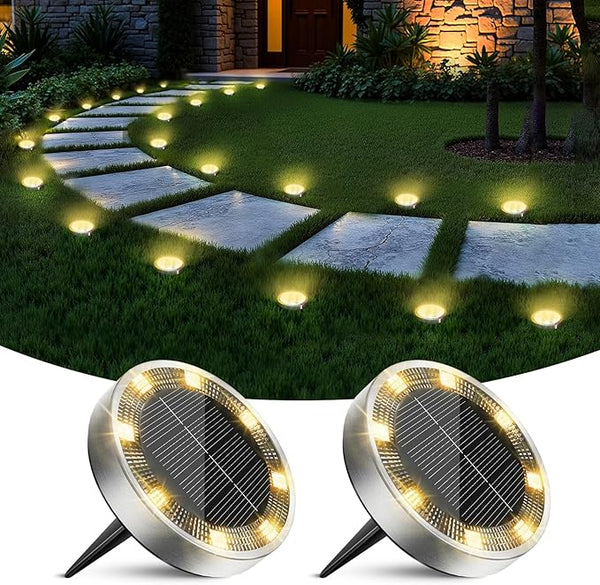 2 Pack Solar Ground Lights Outdoor, 8 LED Mini Flat Solar Disk Lights, IP65 Waterproof Anti-Rust Disc Light | Lumora