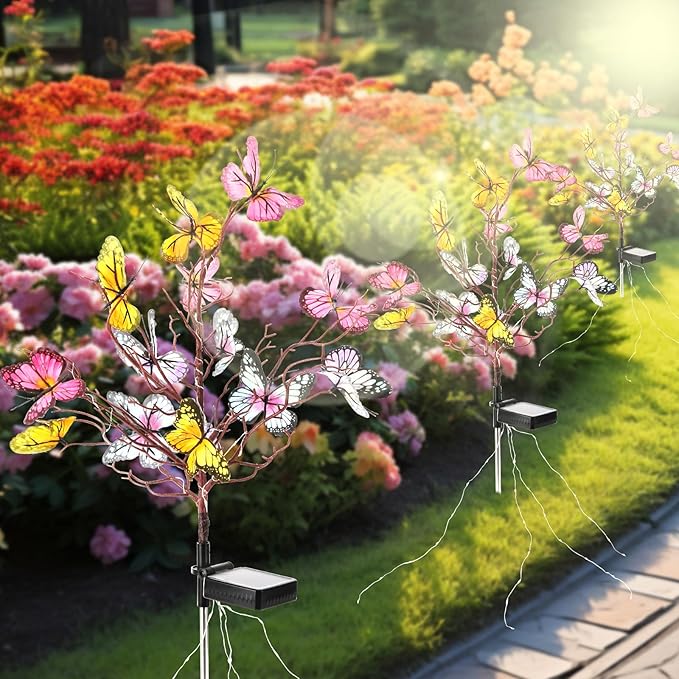 Solar Butterfly Lights, 2 Pack Solar Garden Lights Outdoor, Outdoor Garden Waterproof with Solar Butterfly Stake, Solar Outdoor Decor Light for Landscape, Pathway, Yard (Colorful Light)